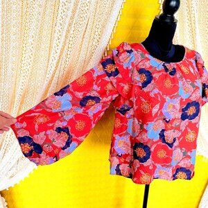 Romantic Flowy Boho Red Floral Balloon Sleeve Dopamine Blouse BUCKETLIST Size M